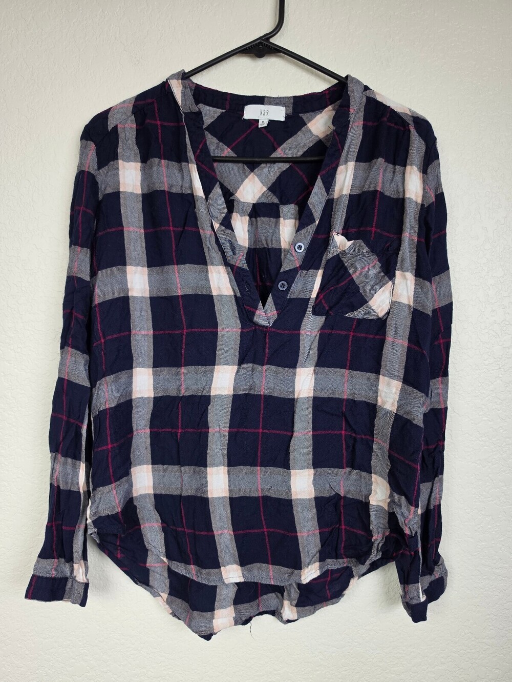 NSR Medium Plaid Navy Blue Blouse Shirt Top